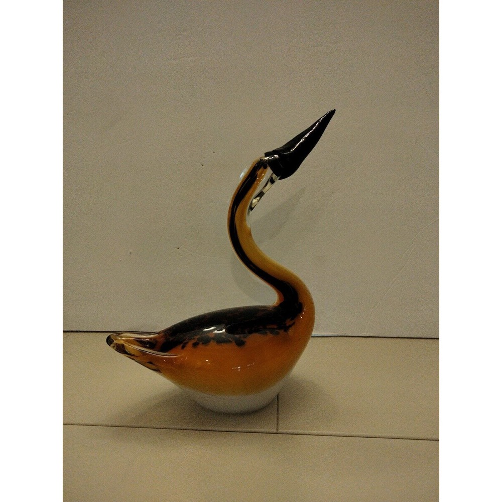 Unique Vintage Hand Blown Murano Style Art Glass Gold Black Brown Swan 10"
